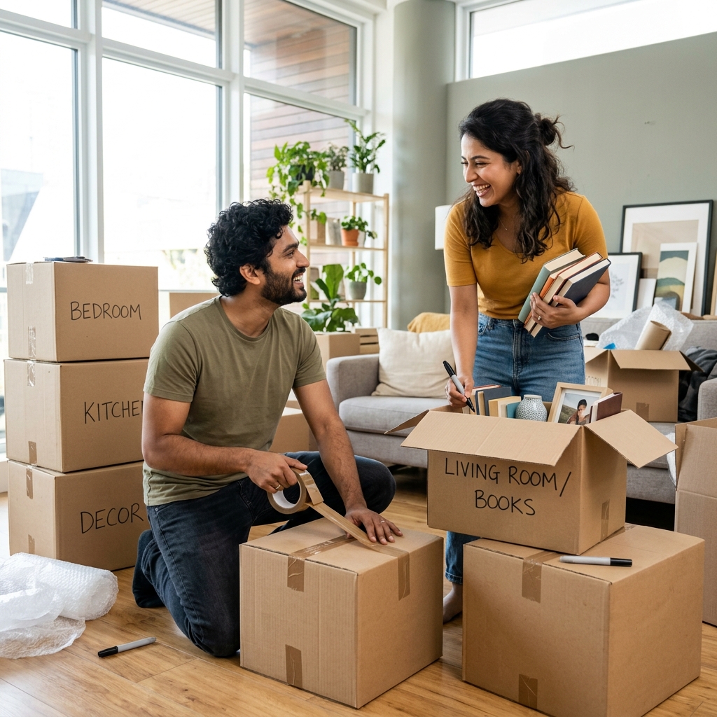 Indian couple packing boxes for a move