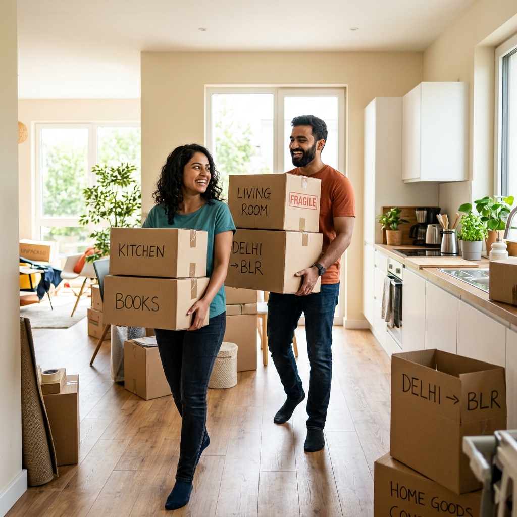 Indian couple shifting boxes happily
